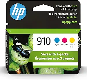 HP 910 Cyan, Magenta, Yellow Ink Cartridges | Works with HP OfficeJet 8010, 8020 Series, HP OfficeJet Pro 8020, 8030 Series | Eligible for Instant Ink | 3YN97AN, 3 Count (Pack of 1)